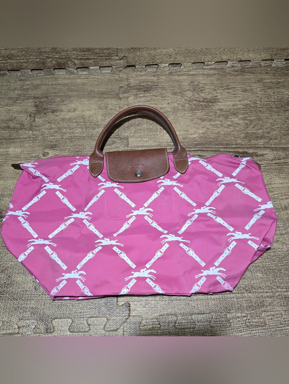 Rare LE LONGCHAMP Le Pliage Pink Horse Print Top Handle Folding Bag Authentic